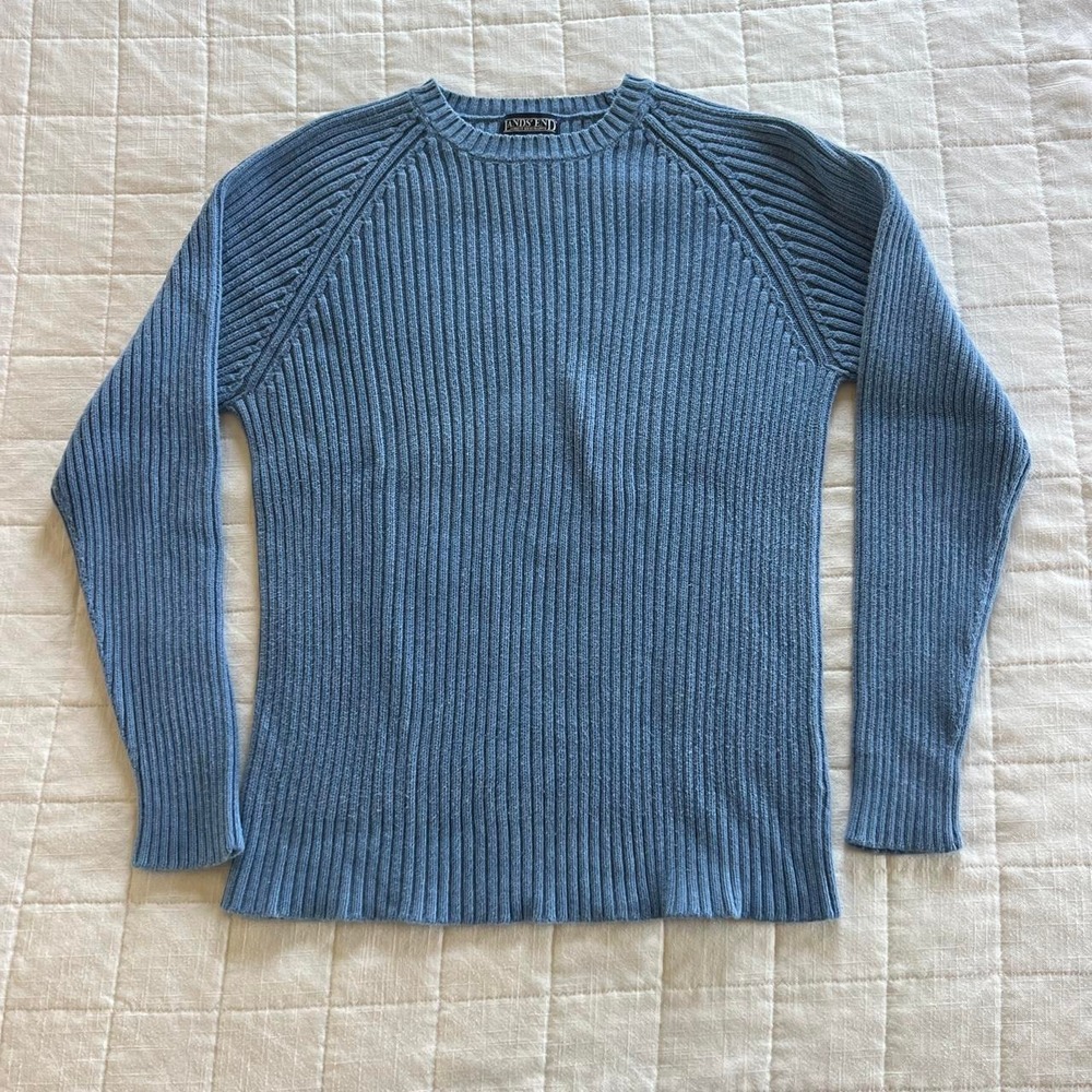 Mens Vintage Lands' End 100% Cotton Ribbed Raglan Knit Sweater Slate Blue Size M